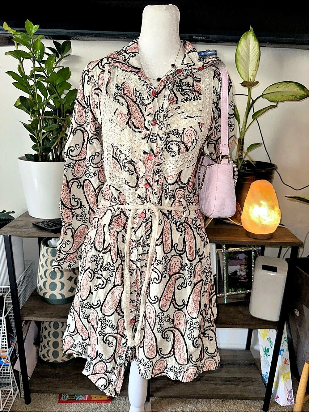 Vintage Vibe Pink Paisley Lace Accent Ruffle Mini Dress